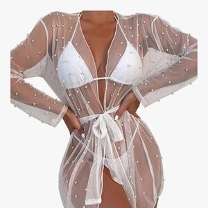 Women’s Sheer White Beaded Pearl Cover-Up NWT One Size